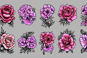 Pink carnation, violet, sweet pea, red rose,  gladiolus, 2 chrysanthemums tattoo idea