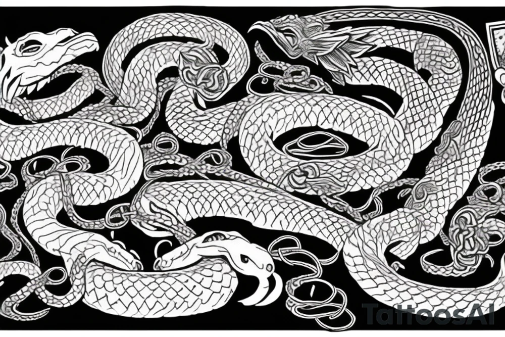chest piece with oni demon on the left breast snake entangled 
bird of prey on the right breast holding the other half of the snake
esoteric symbolism old school style tattoo idea