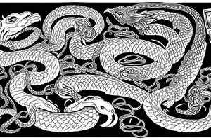 chest piece with oni demon on the left breast snake entangled 
bird of prey on the right breast holding the other half of the snake
esoteric symbolism old school style tattoo idea