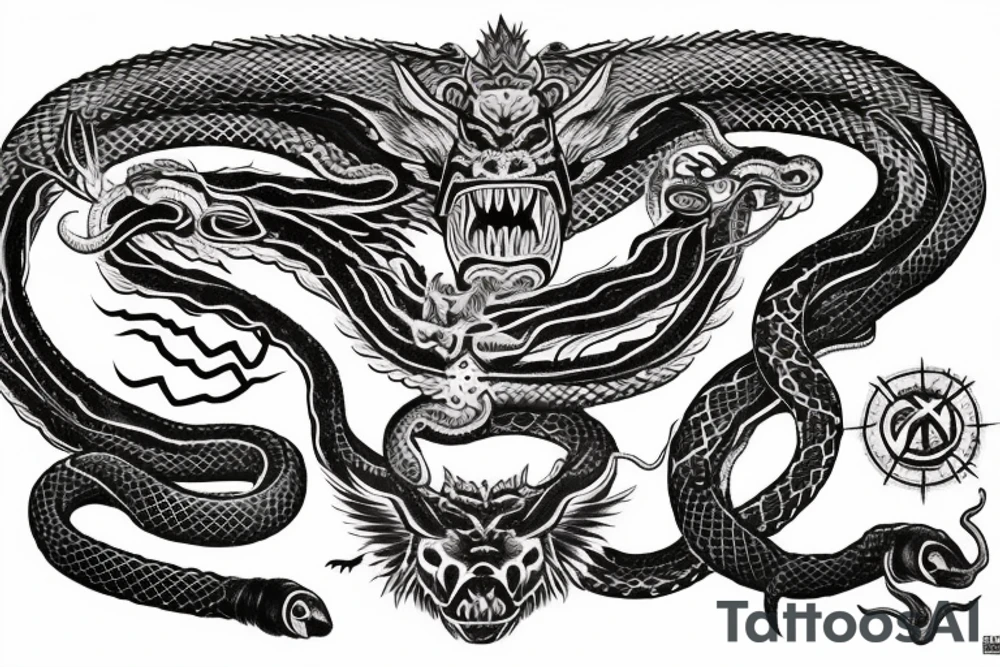 chest piece with oni demon on the left breast snake entangled 
bird of prey on the right breast holding the other half of the snake
esoteric symbolism old school style tattoo idea