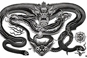 chest piece with oni demon on the left breast snake entangled 
bird of prey on the right breast holding the other half of the snake
esoteric symbolism old school style tattoo idea