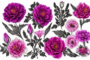A Pink carnation, an iris, a sweet pea, a red rose,  a gladiolus and  1 purple chrysanthemum and 1 pink chrysanthemum grouped together in a spanning vine tattoo idea
