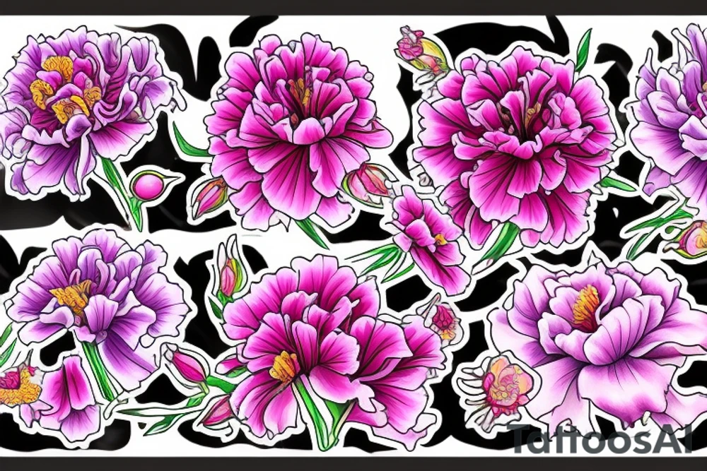 A Pink carnation, an iris, a sweet pea, a red rose,  a gladiolus and  1 purple chrysanthemum and 1 pink chrysanthemum grouped together in a spanning vine tattoo idea