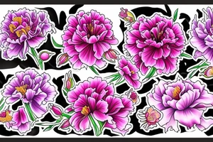 A Pink carnation, an iris, a sweet pea, a red rose,  a gladiolus and  1 purple chrysanthemum and 1 pink chrysanthemum grouped together in a spanning vine tattoo idea