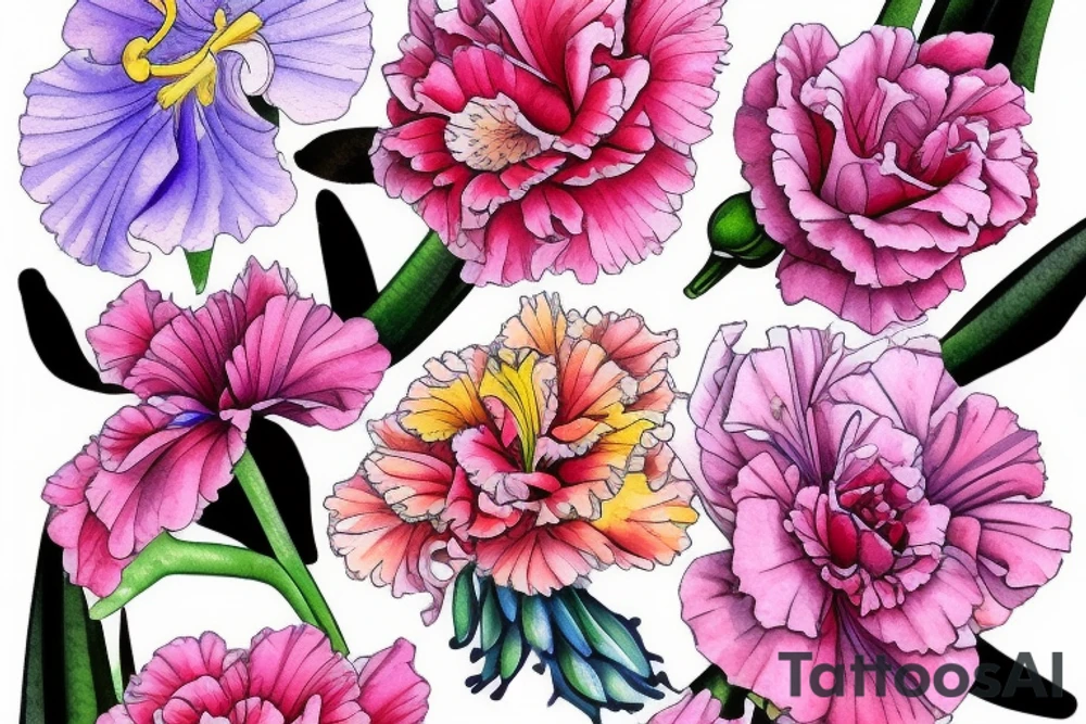 A Pink carnation, an iris, a sweet pea, a red rose,  a gladiolus and  1 purple chrysanthemum and 1 pink chrysanthemum grouped together in a spanning vine tattoo idea