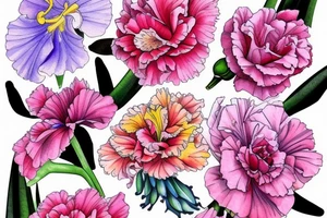 A Pink carnation, an iris, a sweet pea, a red rose,  a gladiolus and  1 purple chrysanthemum and 1 pink chrysanthemum grouped together in a spanning vine tattoo idea