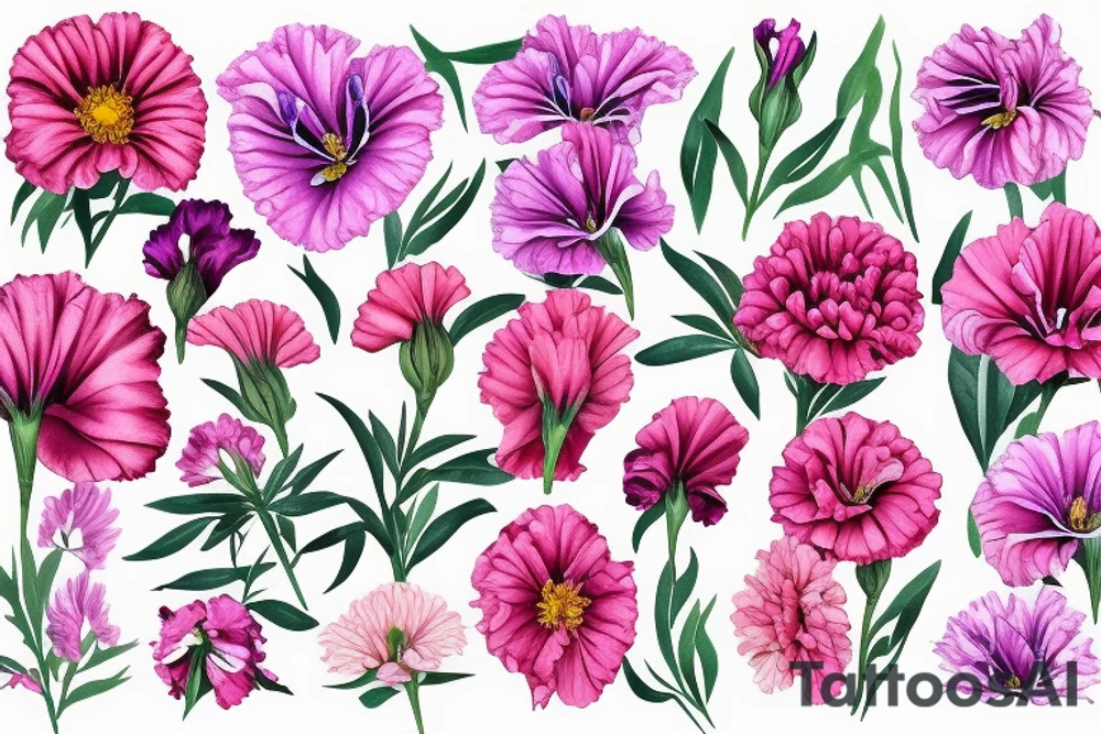 A Pink carnation, an iris, a sweet pea, a red rose,  a gladiolus and  1 purple chrysanthemum and 1 pink chrysanthemum grouped together in a spanning vine tattoo idea