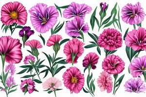 A Pink carnation, an iris, a sweet pea, a red rose,  a gladiolus and  1 purple chrysanthemum and 1 pink chrysanthemum grouped together in a spanning vine tattoo idea
