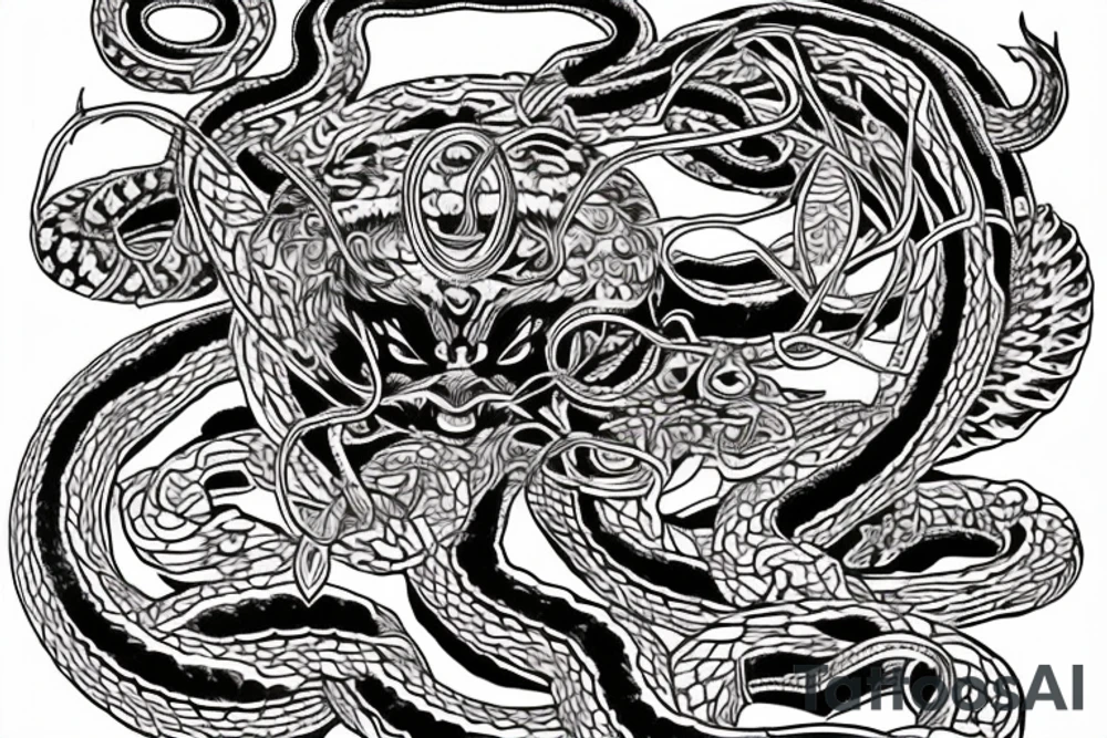 chest piece with oni demon on the left breast snake entangled 
eagle on the right breast holding the other half of the snake
esoteric symbolism old school style
asymmetrically balanced tattoo idea