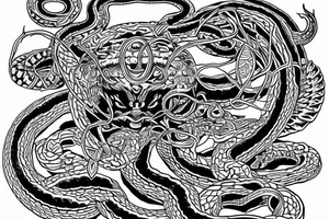 chest piece with oni demon on the left breast snake entangled 
eagle on the right breast holding the other half of the snake
esoteric symbolism old school style
asymmetrically balanced tattoo idea