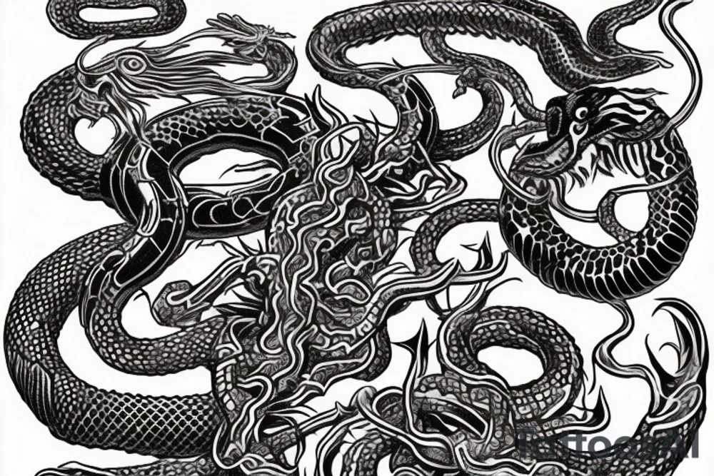 chest piece with oni demon on the left breast snake entangled 
eagle on the right breast holding the other half of the snake
esoteric symbolism old school style
asymmetrically balanced tattoo idea