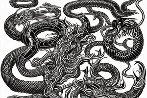 chest piece with oni demon on the left breast snake entangled 
eagle on the right breast holding the other half of the snake
esoteric symbolism old school style
asymmetrically balanced tattoo idea