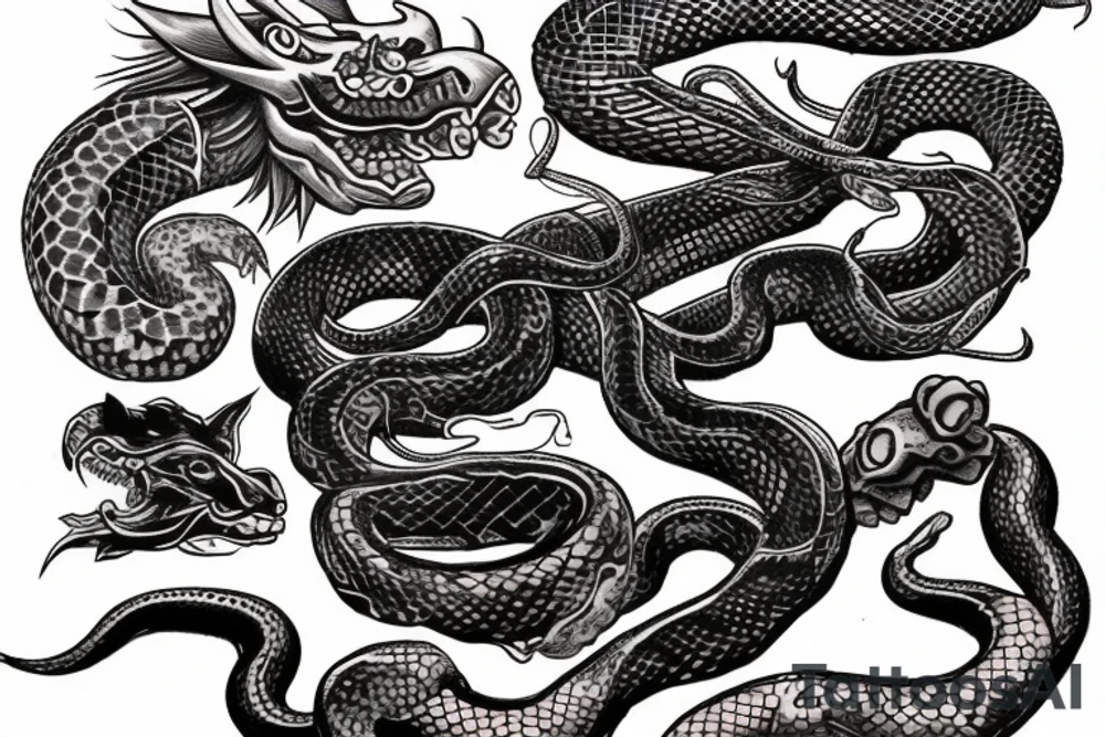 chest piece with oni demon on the left breast snake entangled 
eagle on the right breast holding the other half of the snake
american traditional

asymmetrically balanced tattoo idea