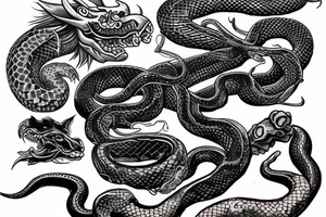 chest piece with oni demon on the left breast snake entangled 
eagle on the right breast holding the other half of the snake
american traditional

asymmetrically balanced tattoo idea