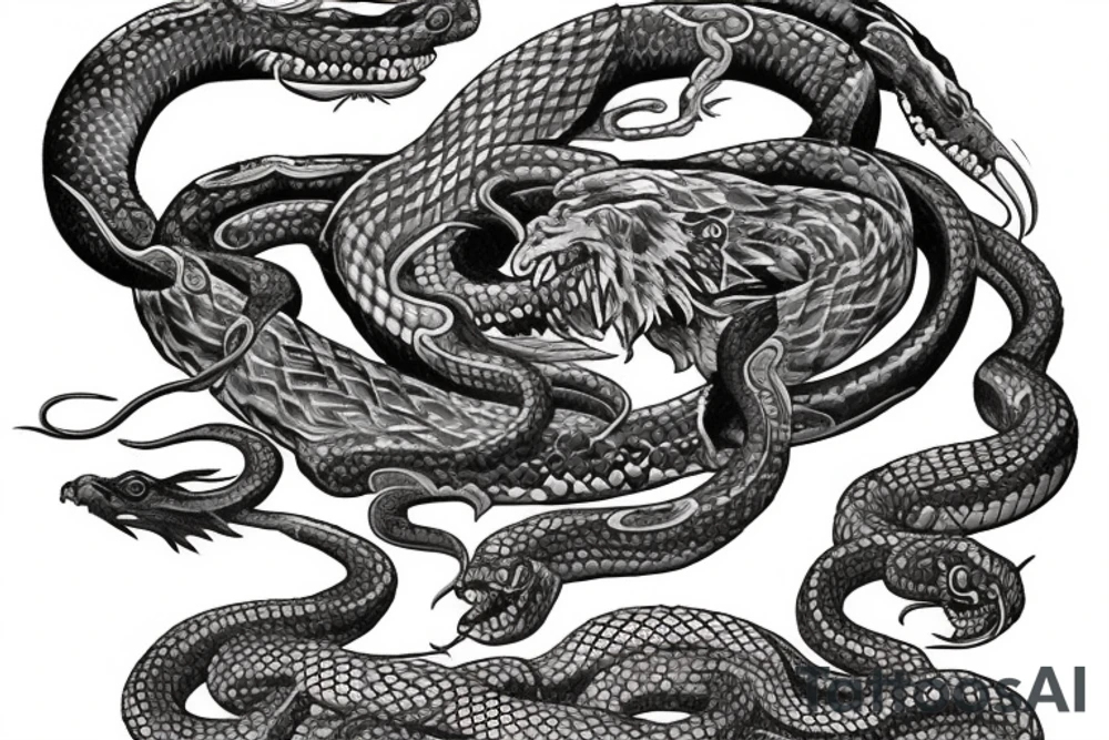 chest piece with oni demon on the left breast snake entangled 
eagle on the right breast holding the other half of the snake
american traditional

asymmetrically balanced tattoo idea