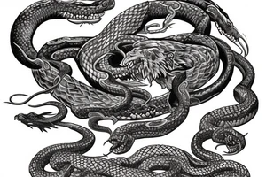 chest piece with oni demon on the left breast snake entangled 
eagle on the right breast holding the other half of the snake
american traditional

asymmetrically balanced tattoo idea