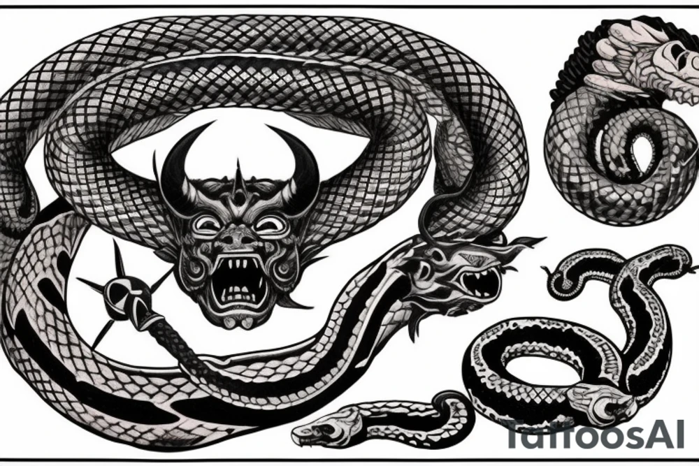 chest piece with oni demon on the left breast snake entangled 
eagle on the right breast holding the other half of the snake
american traditional

asymmetrically balanced tattoo idea