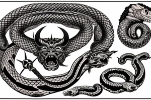 chest piece with oni demon on the left breast snake entangled 
eagle on the right breast holding the other half of the snake
american traditional

asymmetrically balanced tattoo idea