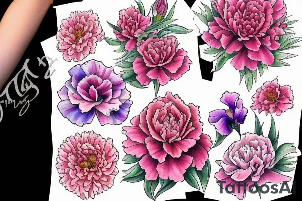 A Pink carnation, an iris, a sweet pea, a red rose,  a gladiolus and  1 purple chrysanthemum and 1 pink chrysanthemum grouped together in a bouquet tattoo idea