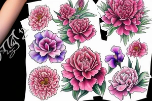 A Pink carnation, an iris, a sweet pea, a red rose,  a gladiolus and  1 purple chrysanthemum and 1 pink chrysanthemum grouped together in a bouquet tattoo idea