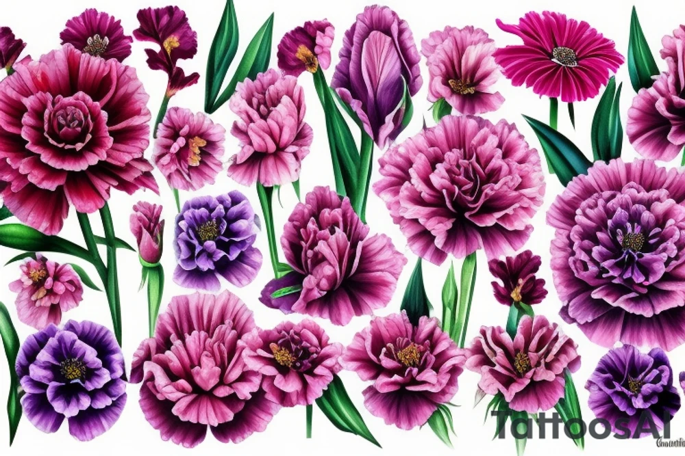 A Pink carnation, an iris, a sweet pea, a red rose,  a gladiolus and  1 purple chrysanthemum and 1 pink chrysanthemum grouped together in a bouquet tattoo idea