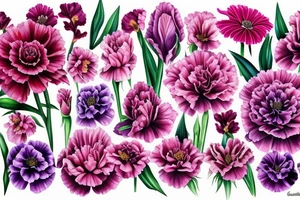 A Pink carnation, an iris, a sweet pea, a red rose,  a gladiolus and  1 purple chrysanthemum and 1 pink chrysanthemum grouped together in a bouquet tattoo idea