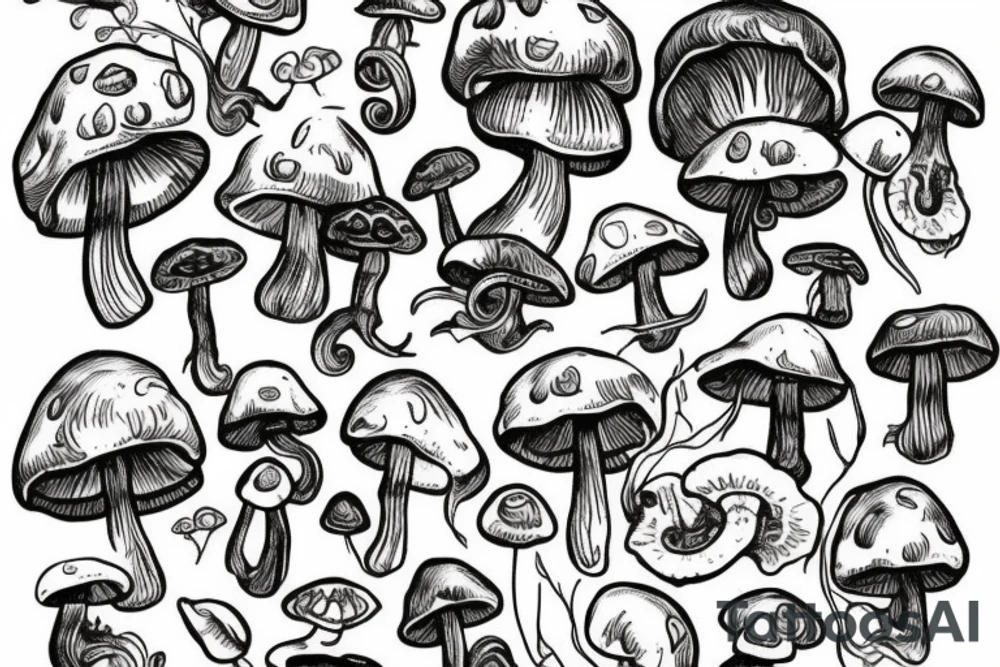 A Skelton with Mushrooms and plants growing out of it tattoo idea