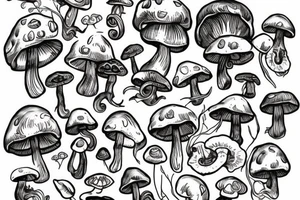 A Skelton with Mushrooms and plants growing out of it tattoo idea