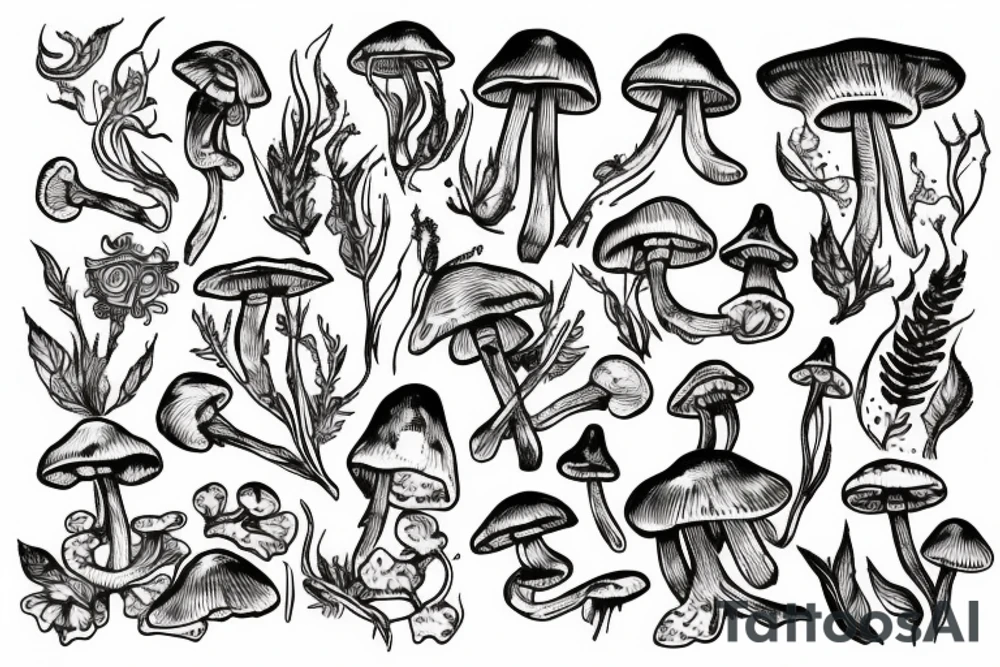 A Skelton with Mushrooms and plants growing out of it tattoo idea