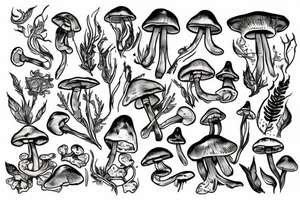 A Skelton with Mushrooms and plants growing out of it tattoo idea