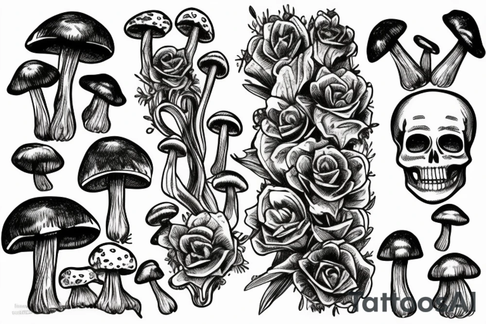 A skeleton with Mushrooms and plants growing out of it tattoo idea