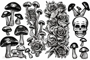 A skeleton with Mushrooms and plants growing out of it tattoo idea