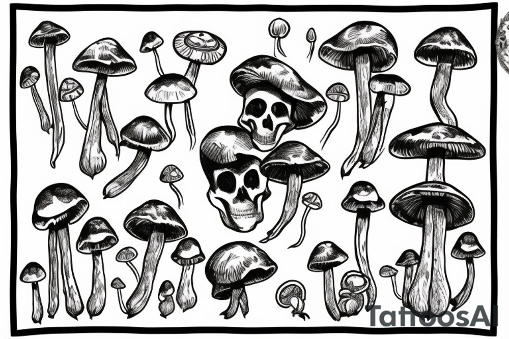 A skeleton with Mushrooms and plants growing out of it tattoo idea