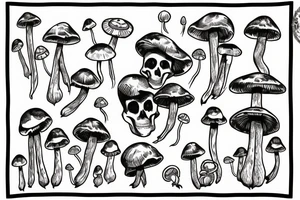 A skeleton with Mushrooms and plants growing out of it tattoo idea