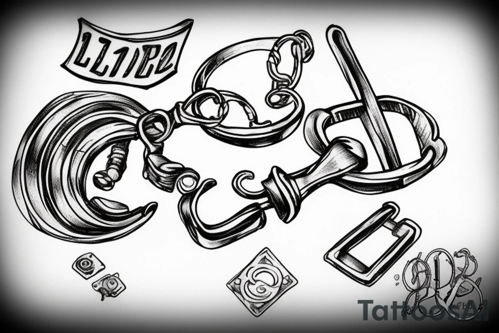 Handcuffs with Opel Corsa parts and the date 25.02.2023 in big. And L&P initials somewhere tattoo idea