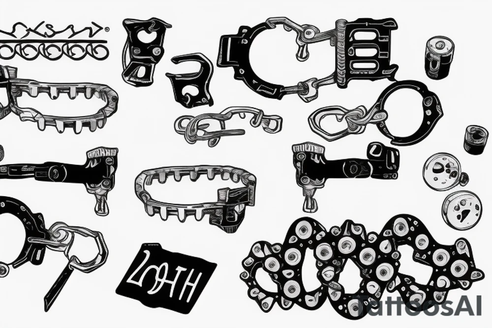 Handcuffs with Opel Corsa parts and the date 25.02.2023 in big. And L&P initials somewhere tattoo idea