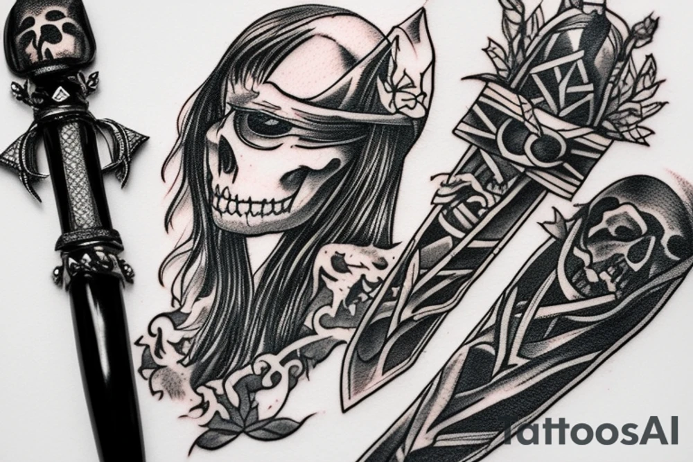 A tattoo of a combat dagger with a half female half skeleton woman in the blindfolded blade adorned with a bloody diamond, minimalist tattoo style tattoo idea