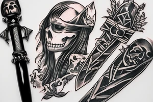 A tattoo of a combat dagger with a half female half skeleton woman in the blindfolded blade adorned with a bloody diamond, minimalist tattoo style tattoo idea