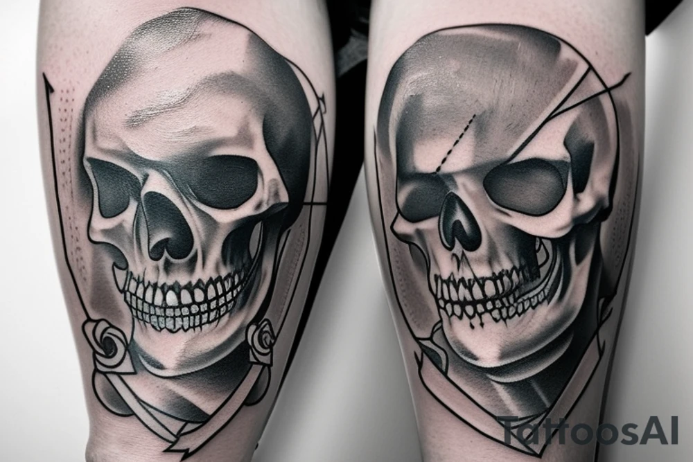 A tattoo of a combat dagger with a half female half skeleton woman in the blindfolded blade adorned with a bloody diamond, minimalist tattoo style tattoo idea