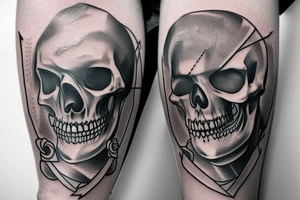 A tattoo of a combat dagger with a half female half skeleton woman in the blindfolded blade adorned with a bloody diamond, minimalist tattoo style tattoo idea
