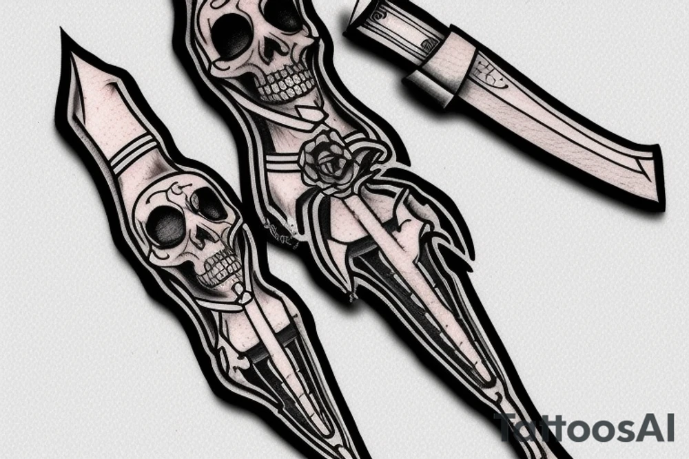 A tattoo of a combat dagger with a half female half skeleton woman in the blindfolded blade adorned with a bloody diamond, minimalist tattoo style tattoo idea