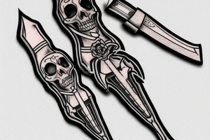A tattoo of a combat dagger with a half female half skeleton woman in the blindfolded blade adorned with a bloody diamond, minimalist tattoo style tattoo idea