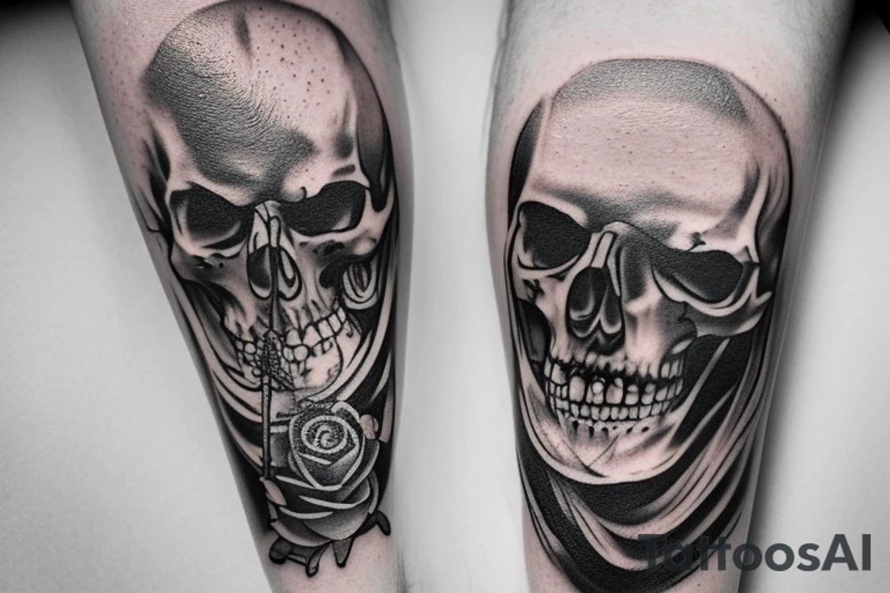 A tattoo of a combat dagger with a half female half skeleton woman in the blindfolded blade adorned with a bloody diamond, minimalist tattoo style tattoo idea