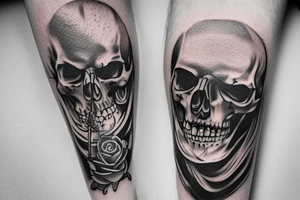 A tattoo of a combat dagger with a half female half skeleton woman in the blindfolded blade adorned with a bloody diamond, minimalist tattoo style tattoo idea