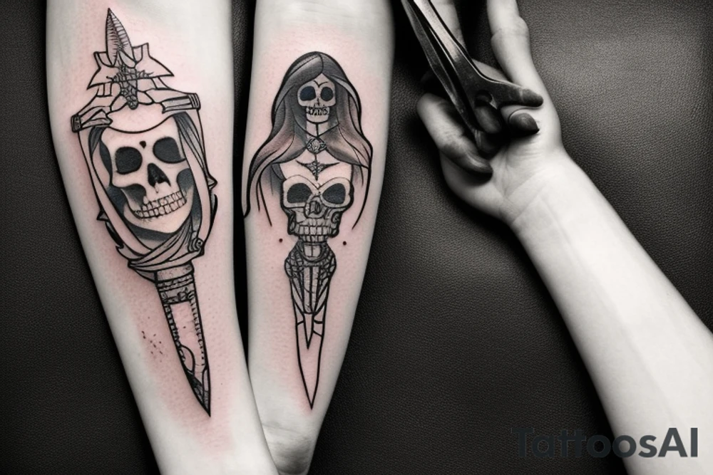 A tattoo of a combat dagger with a half female half skeleton woman in the blindfolded blade adorned with a bloody diamond, minimalist tattoo style tattoo idea