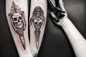 A tattoo of a combat dagger with a half female half skeleton woman in the blindfolded blade adorned with a bloody diamond, minimalist tattoo style tattoo idea