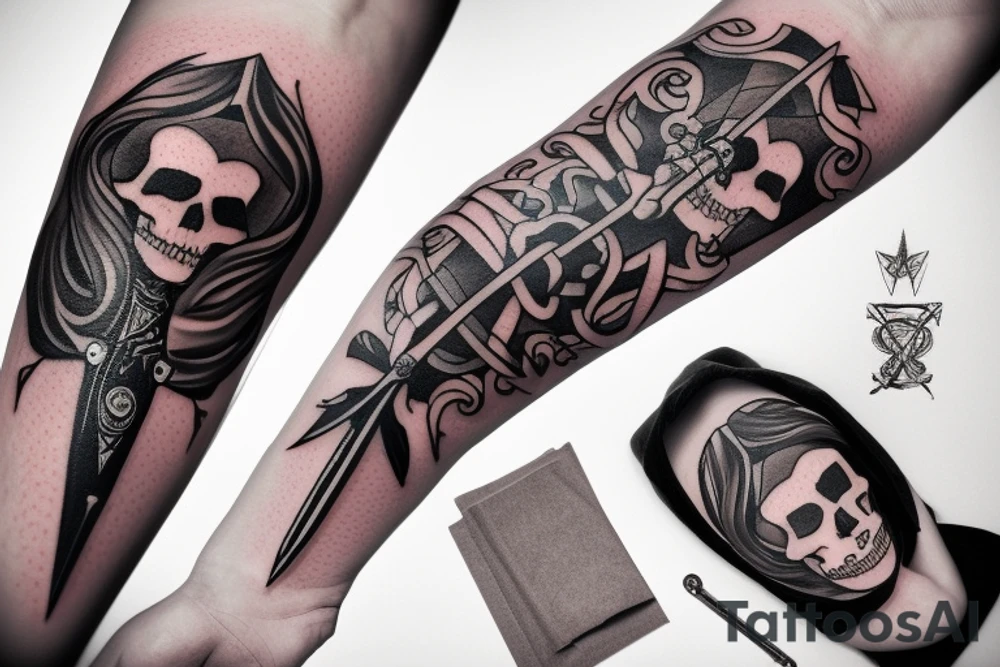 A tattoo of a combat dagger with a half female half skeleton woman in the blindfolded blade adorned with a bloody diamond, minimalist tattoo style tattoo idea