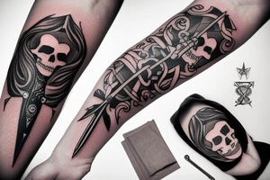 A tattoo of a combat dagger with a half female half skeleton woman in the blindfolded blade adorned with a bloody diamond, minimalist tattoo style tattoo idea