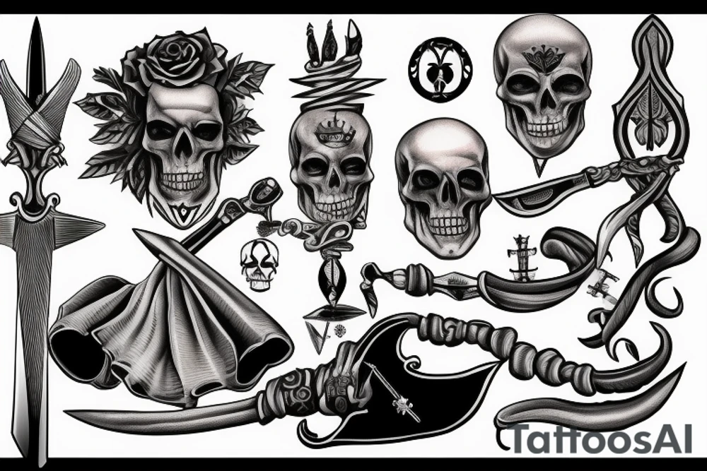 A tattoo of a combat dagger with a half female half skeleton woman in the blindfolded blade adorned with a bloody diamond, minimalist tattoo style tattoo idea