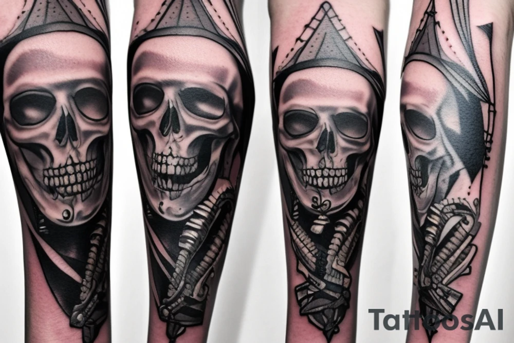 A tattoo of a combat dagger with a half female half skeleton woman in the blindfolded blade adorned with a bloody diamond, minimalist tattoo style tattoo idea
